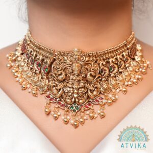 Goddess Lakshmi Antique Temple Choker Necklace & Earring Set with Kemp Stones