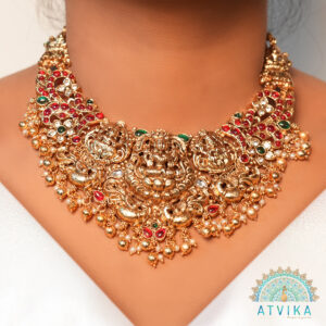 Grand Lakshmi Temple Necklace & Earring Set with Kemp Stones