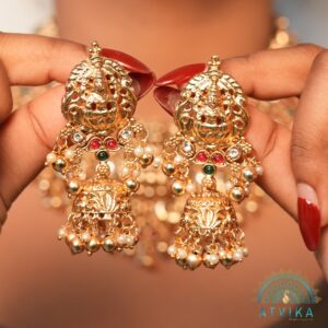 Grand Lakshmi Temple Necklace with Kemp Stones - Earring Set