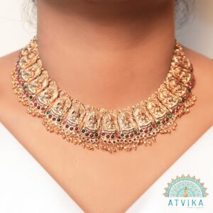 Lakshmi Temple Necklace & Earring Set with Kemp Stones and Gold Beads