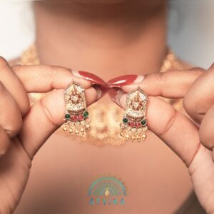 Lakshmi Temple Necklace & Earring Set with Kemp Stones and Gold Beads - Earring Set