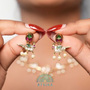 Lotus & Bird Motif Earring Set with Pearl Drops