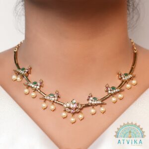 Lotus & Bird Motif Necklace and Earring Set with Pearl Drops