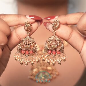 Temple Earring Set with Coral Beads and Golden Pearls