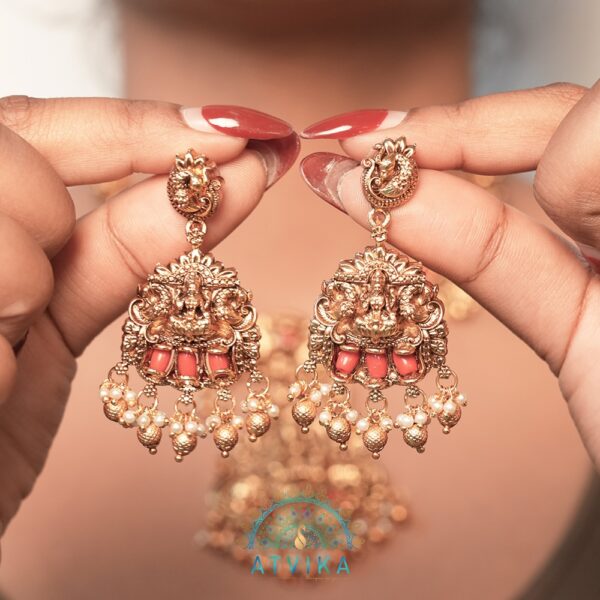 Temple Earring Set with Coral Beads and Golden Pearls