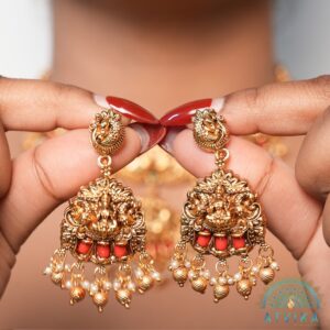 Temple Earring Set with Coral Beads and Pearls