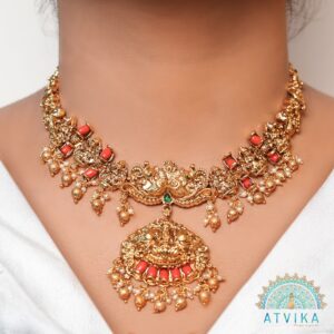 Temple Goddess Choker Necklace & Earring Set with Coral Beads and Pearls