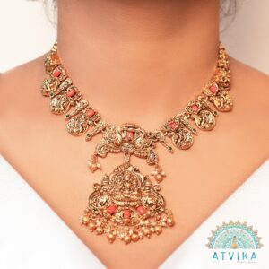 Temple Necklace & Earring Set with Coral Beads and Golden Pearls