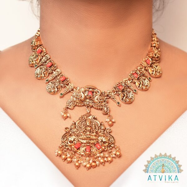 Temple Necklace & Earring Set with Coral Beads and Golden Pearls