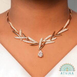 Crystal Drop Leaf Design Necklace & Earring Set in Rose Gold Finish