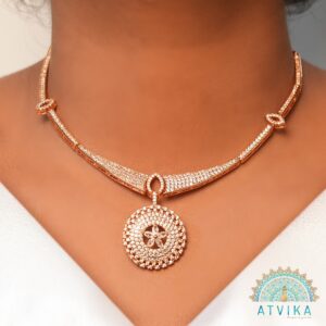 Radiant Round Pendant Necklace & Earring Set in Rose Gold Finish