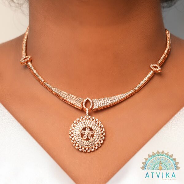 Radiant Round Pendant Necklace & Earring Set in Rose Gold Finish