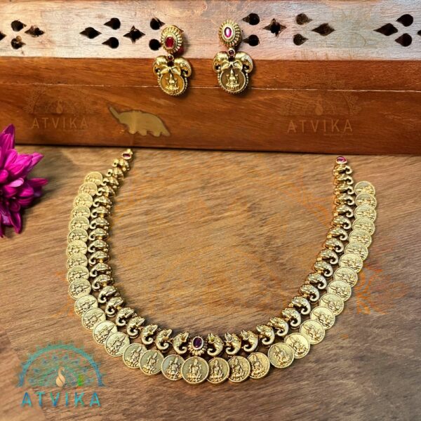 Lakshmi Coin Temple Necklace Set with Elephant Motifs