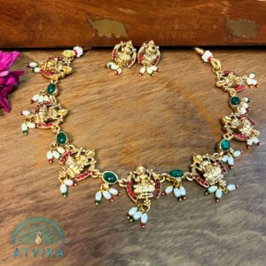 Lakshmi Temple Jewelry Necklace Set with Pearl Detailing