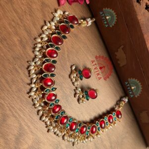 Reversible Ruby; Pearl Kundan Necklace Set – Dual Elegance in Red and White