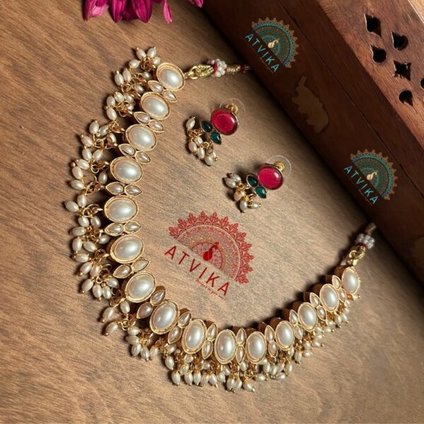 Reversible Ruby & Pearl Kundan Necklace Set – Dual Elegance in Red and White - Back