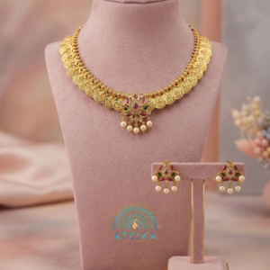 Traditional Coin Necklace Set with Lotus Pendant and Earrings