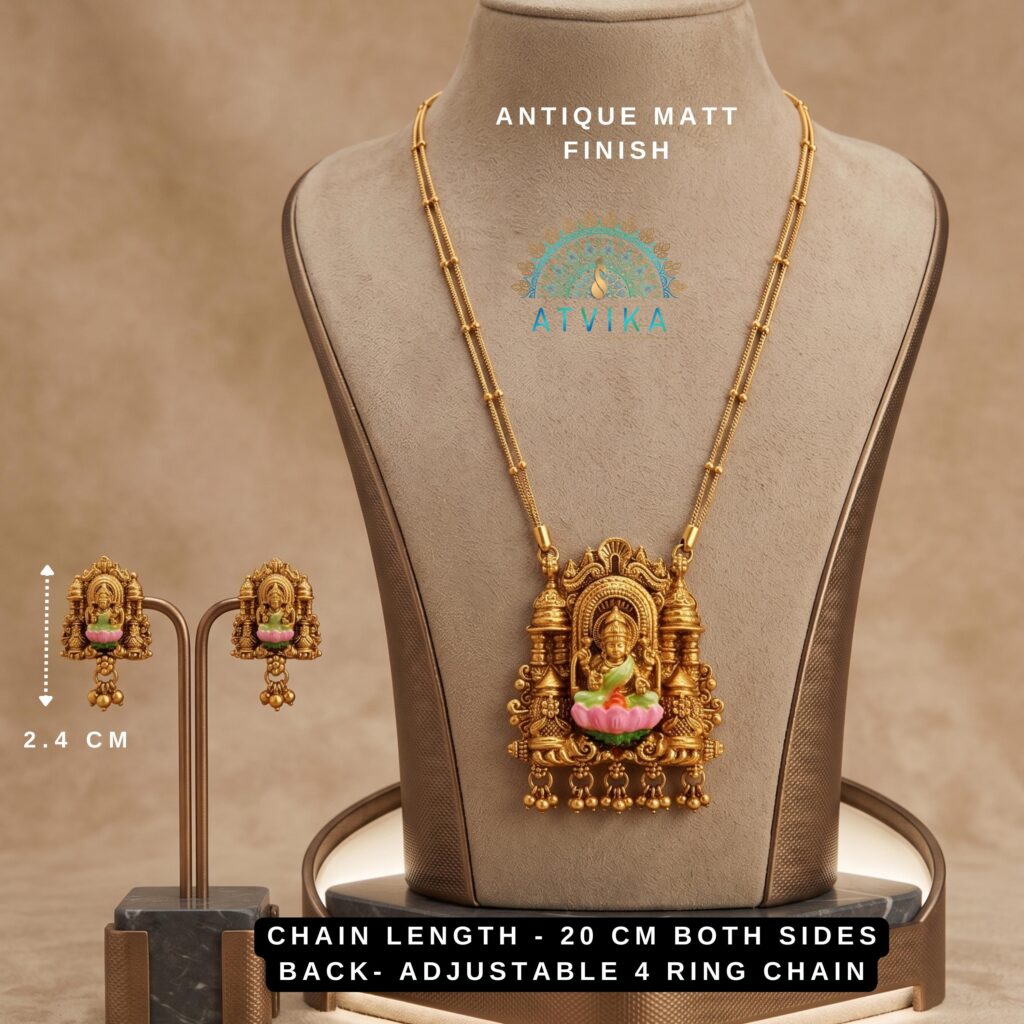 Lakshmi Pendant Meenakari Design Double Chain Set with Matching Earrings (Antique Matt Finish Gold)